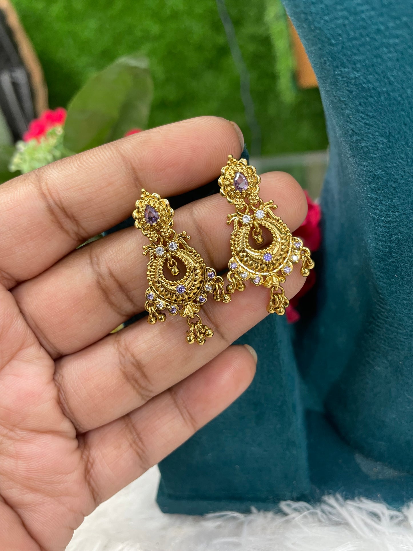 Antique Gold Designer Earrings with Purple Stones-SHER307