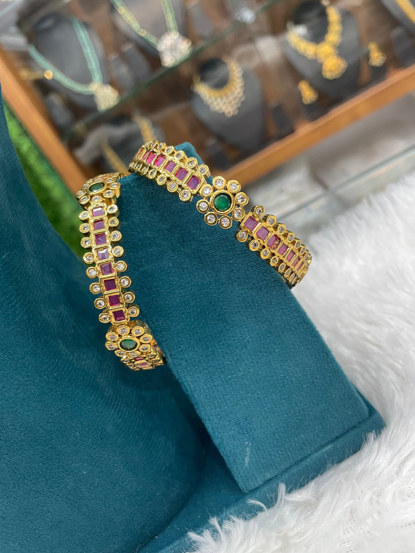 Gold Bangles with Ruby & Emerald Stones-SHMB139