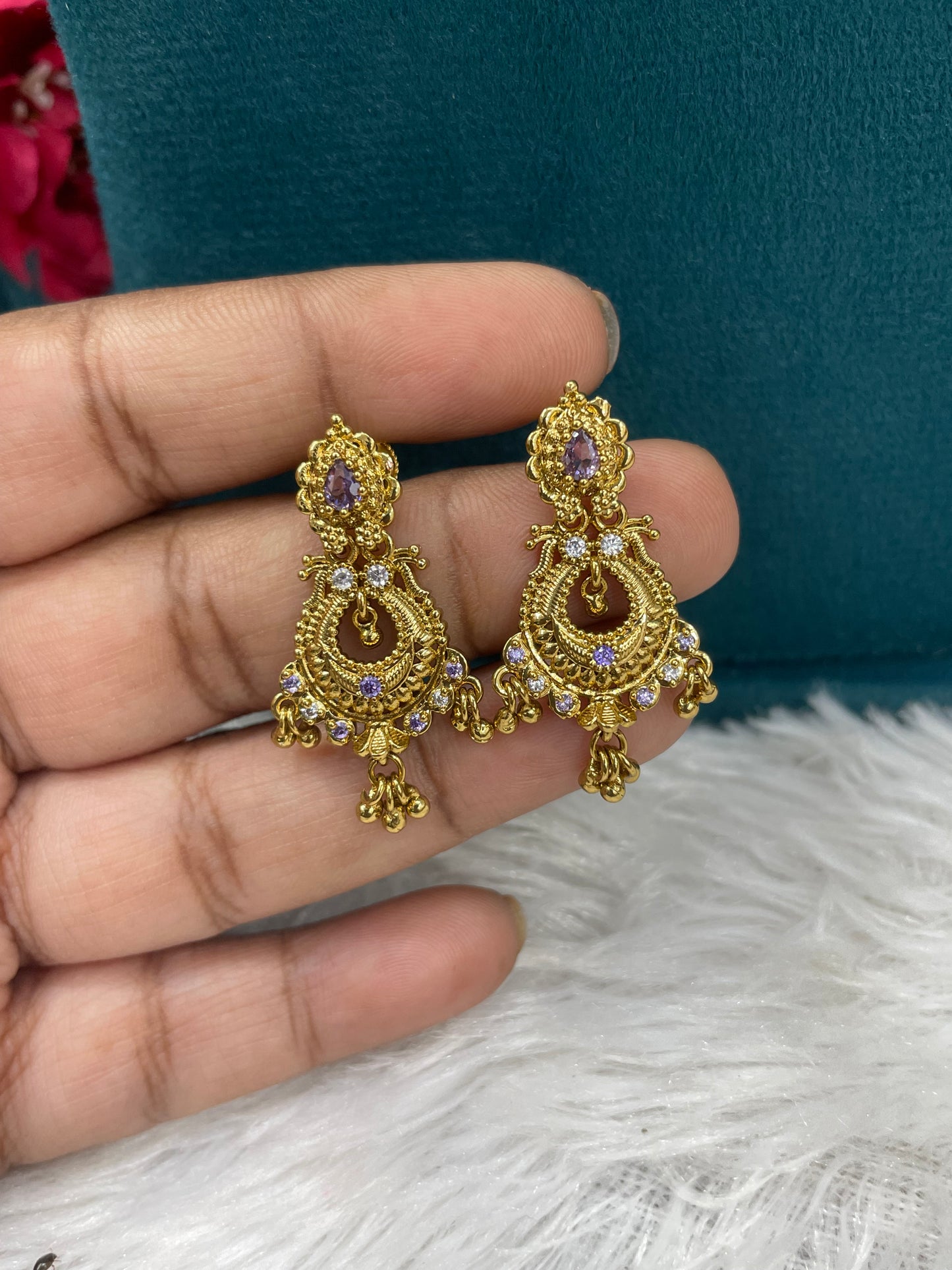 Antique Gold Designer Earrings with Purple Stones-SHER307