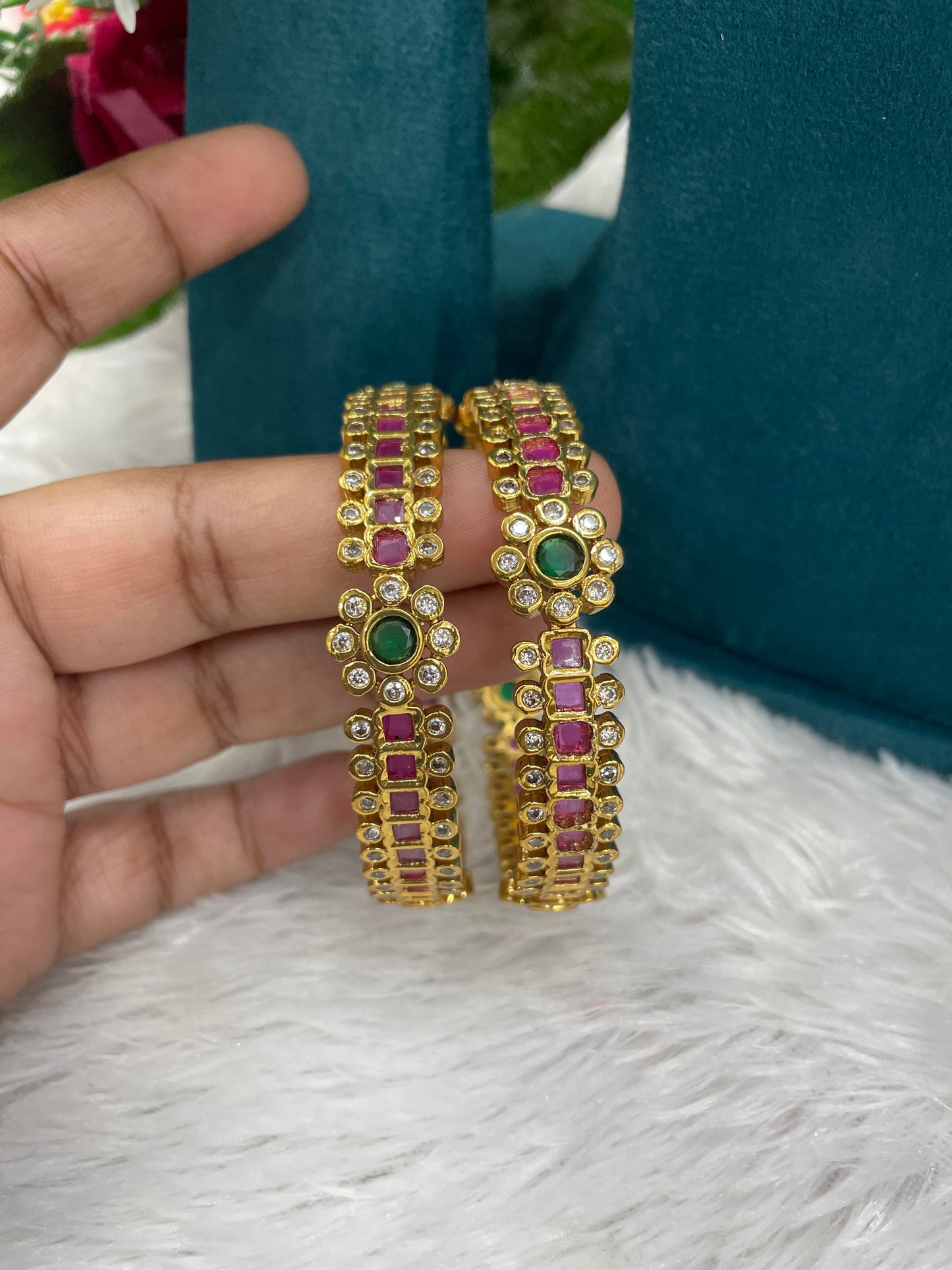 Gold Bangles with Ruby & Emerald Stones-SHMB139