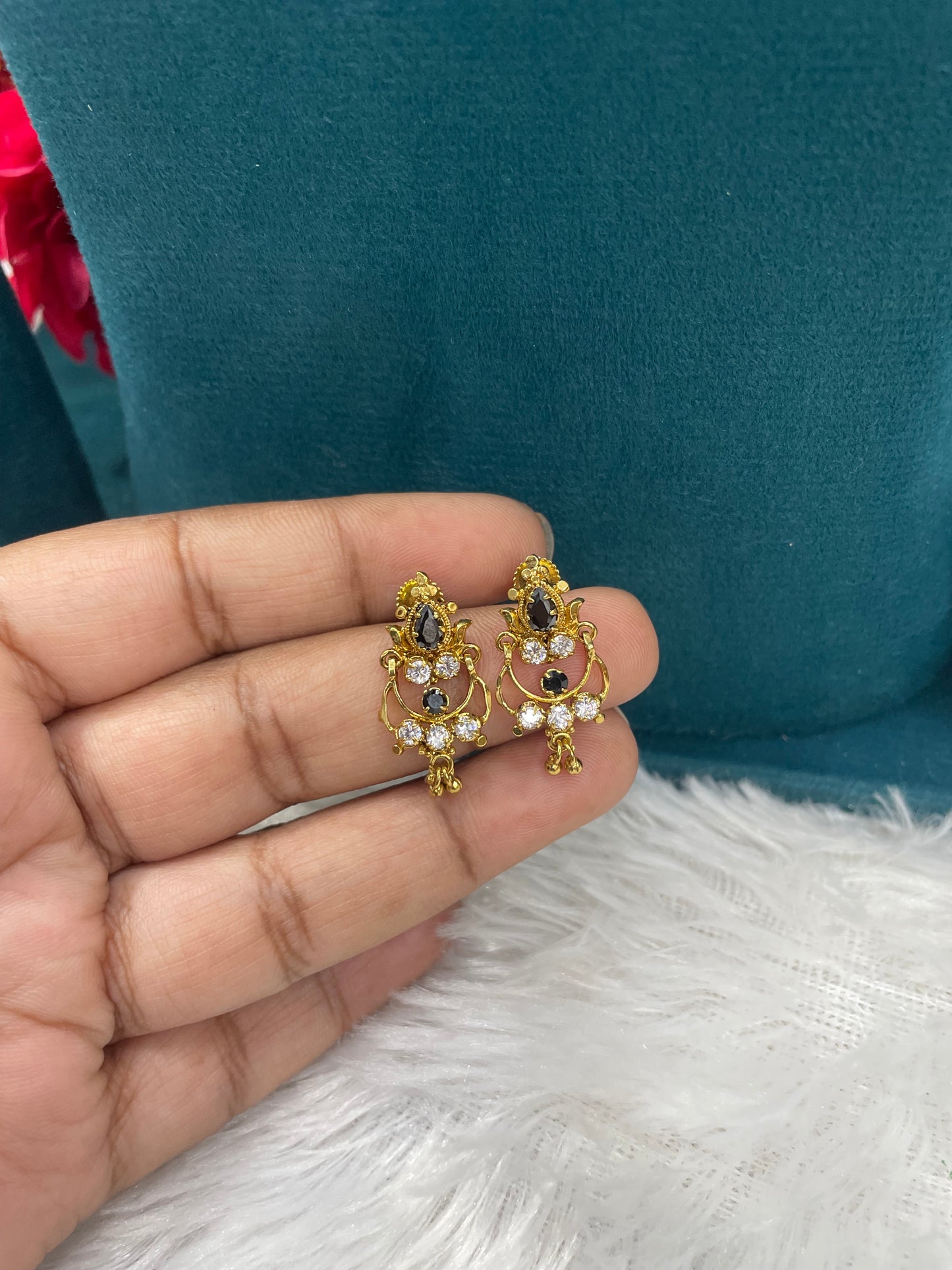 Gold Earrings with Black & White Stones-SHER305