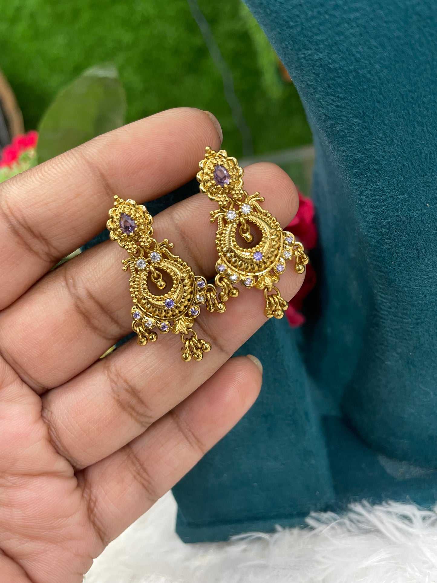 Antique Gold Designer Earrings with Purple Stones-SHER307