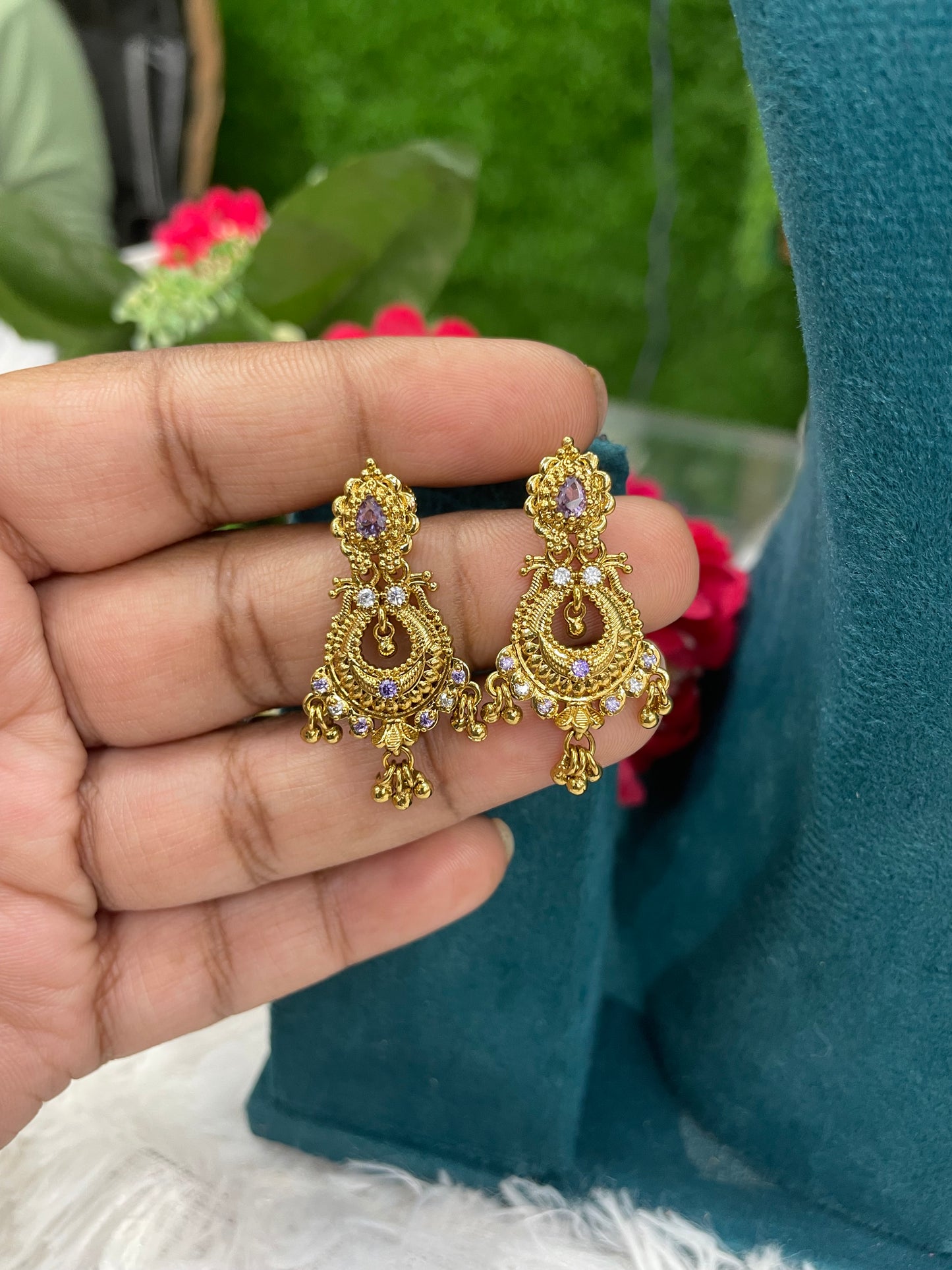Antique Gold Designer Earrings with Purple Stones-SHER307