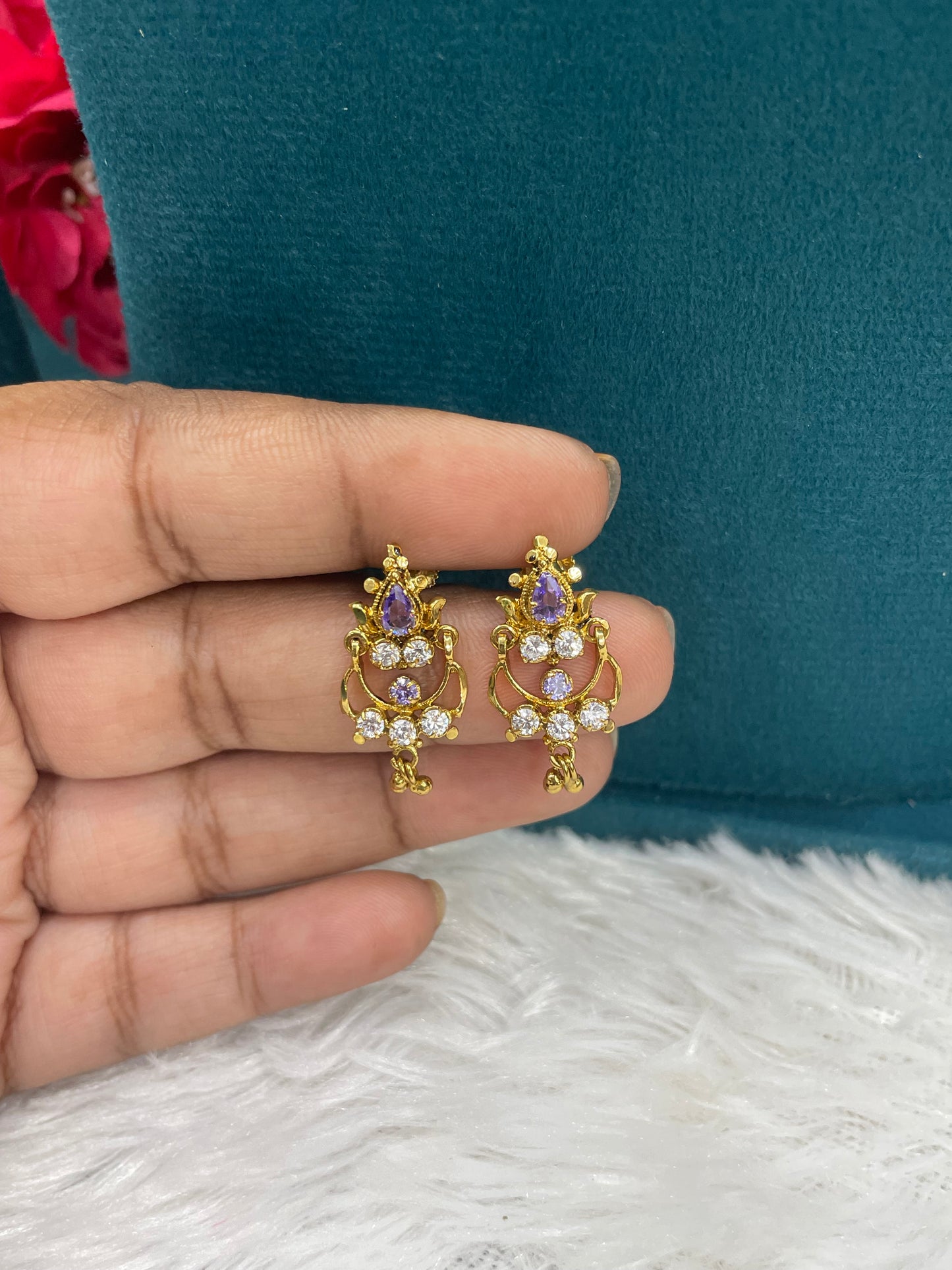Gold Earrings with Purple & White Stones-SHER306