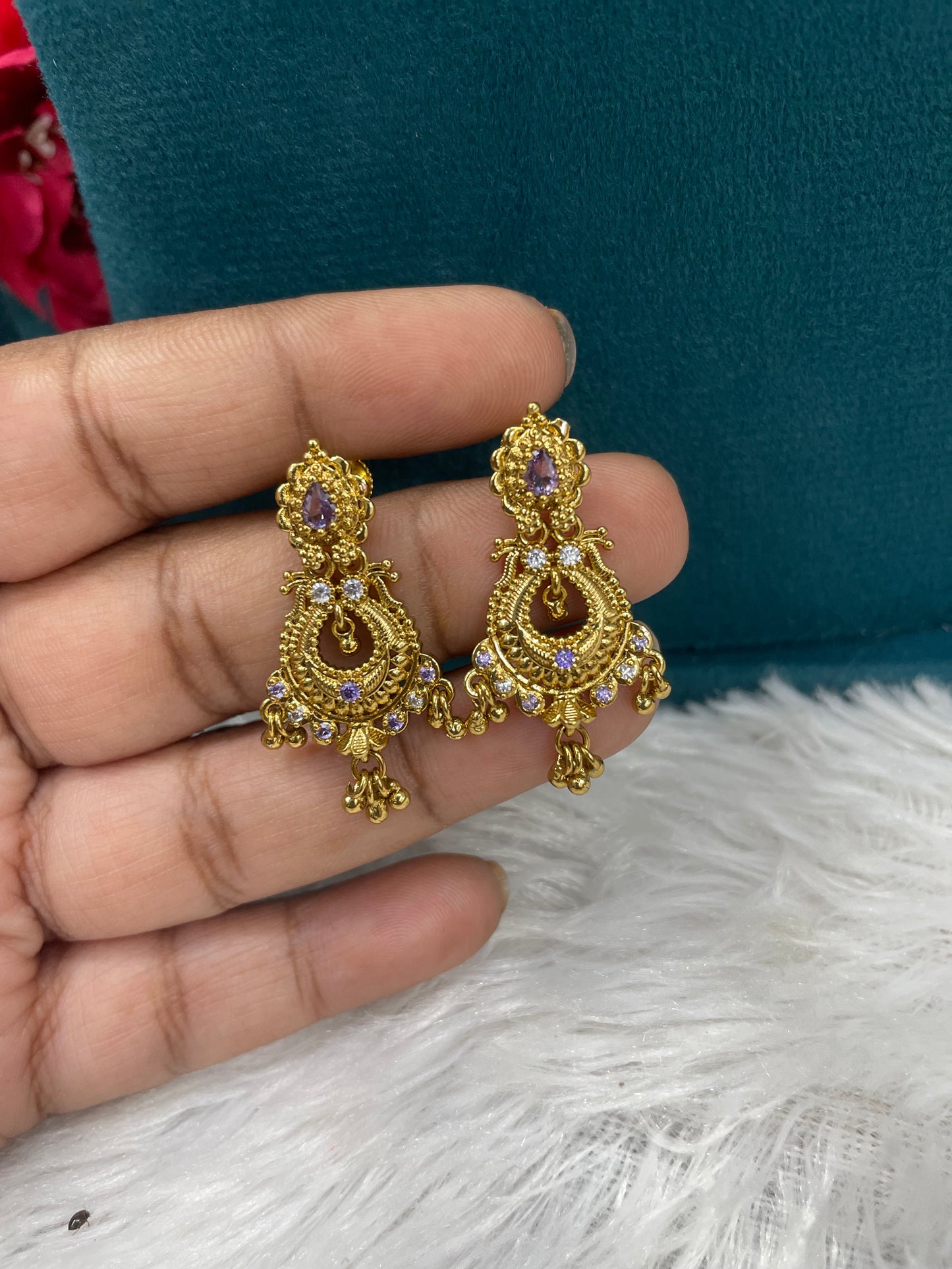 Antique Gold Designer Earrings with Purple Stones-SHER307