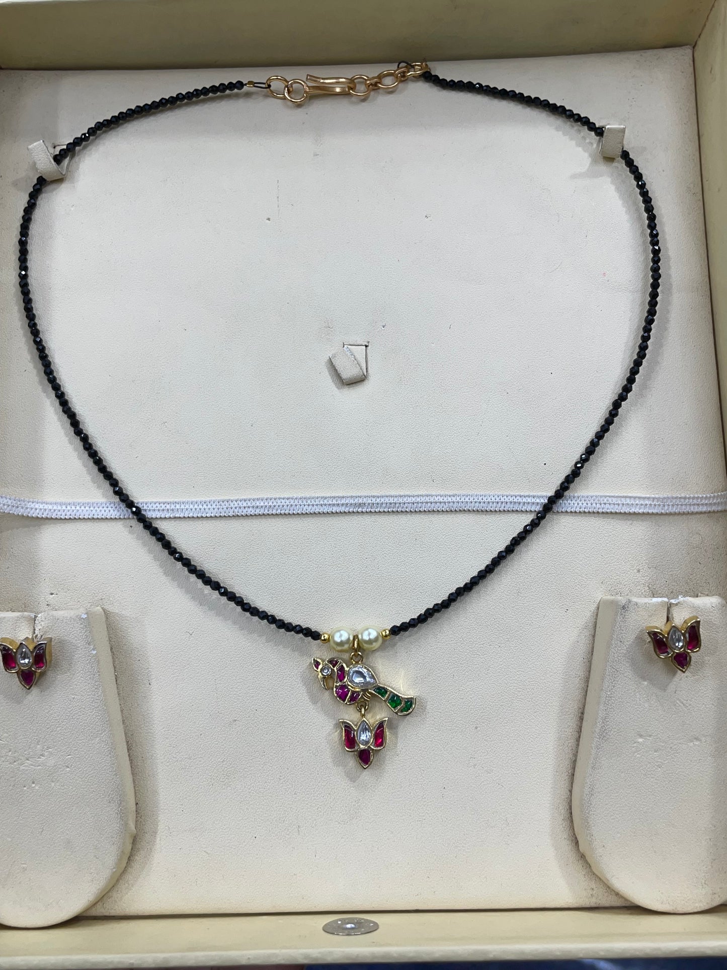 Elegant Black Beads Mangalsutra with Earrings Jadau stone-SHOC19