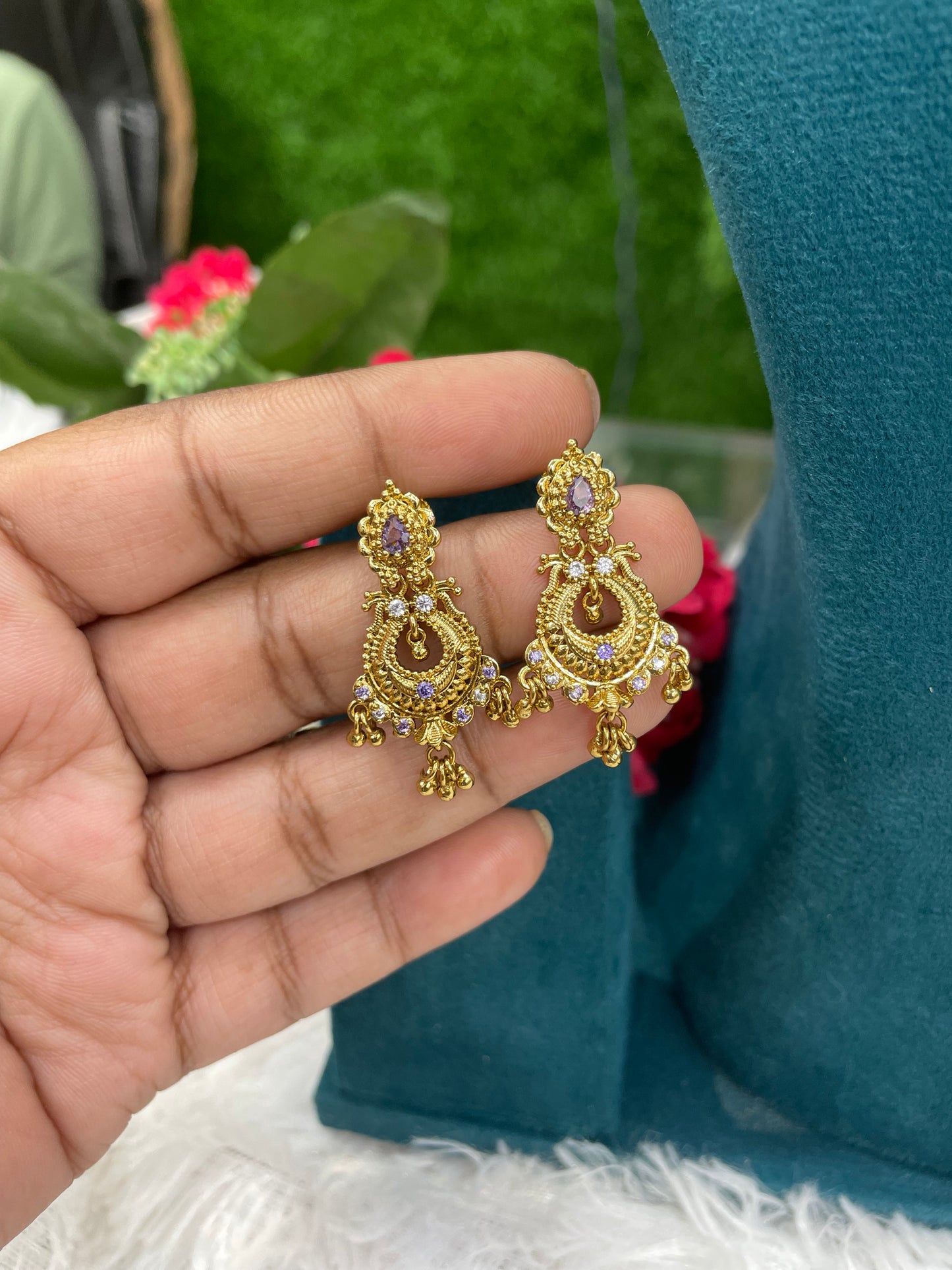 Antique Gold Designer Earrings with Purple Stones-SHER307