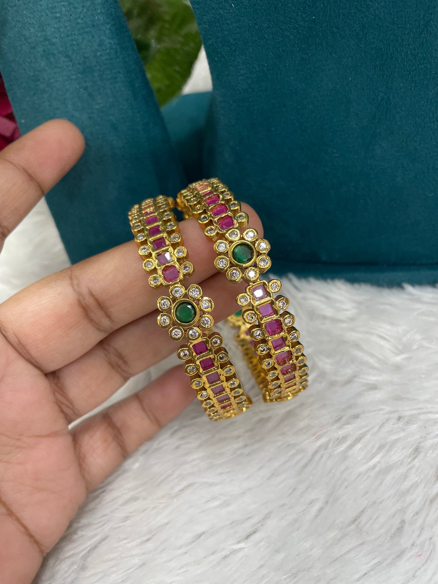 Gold Bangles with Ruby & Emerald Stones-SHMB139