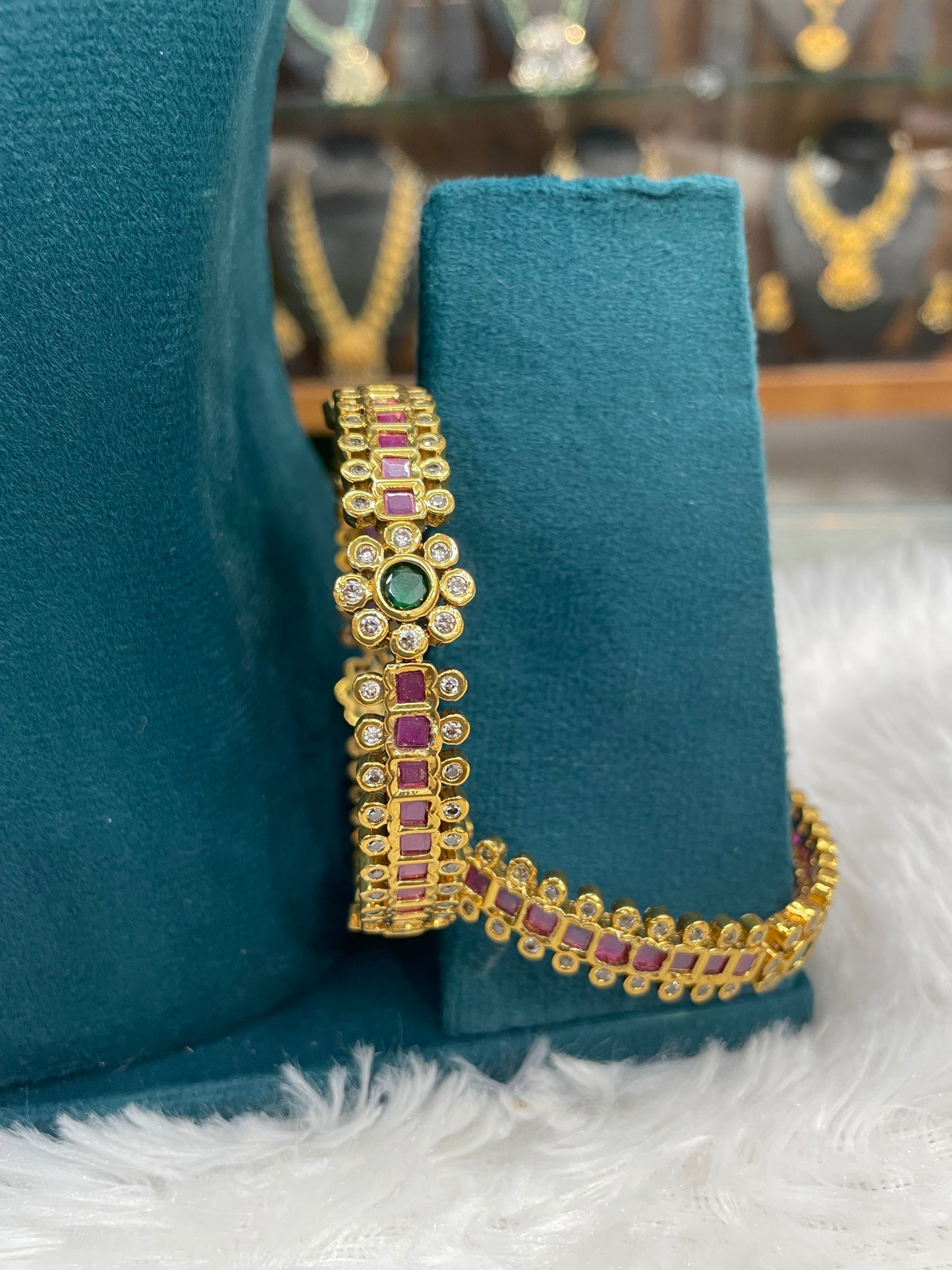 Gold Bangles with Ruby & Emerald Stones-SHMB139