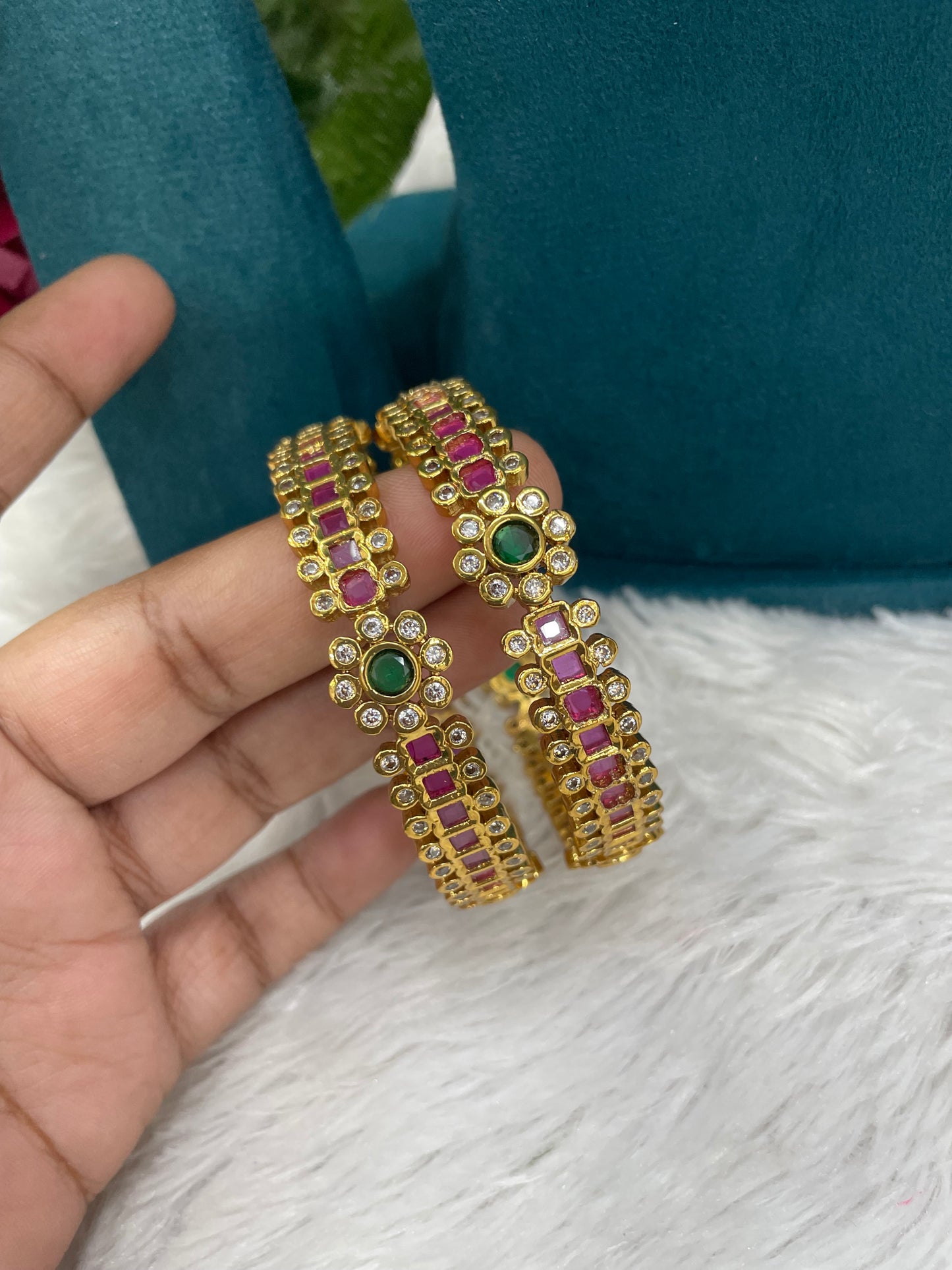 Gold Bangles with Ruby & Emerald Stones-SHMB139