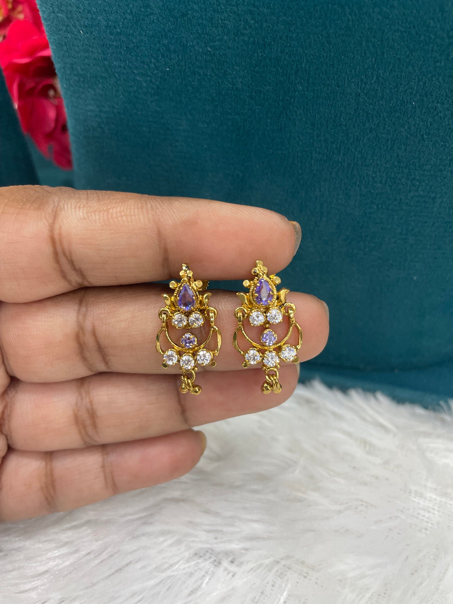 Gold Earrings with Purple & White Stones-SHER306