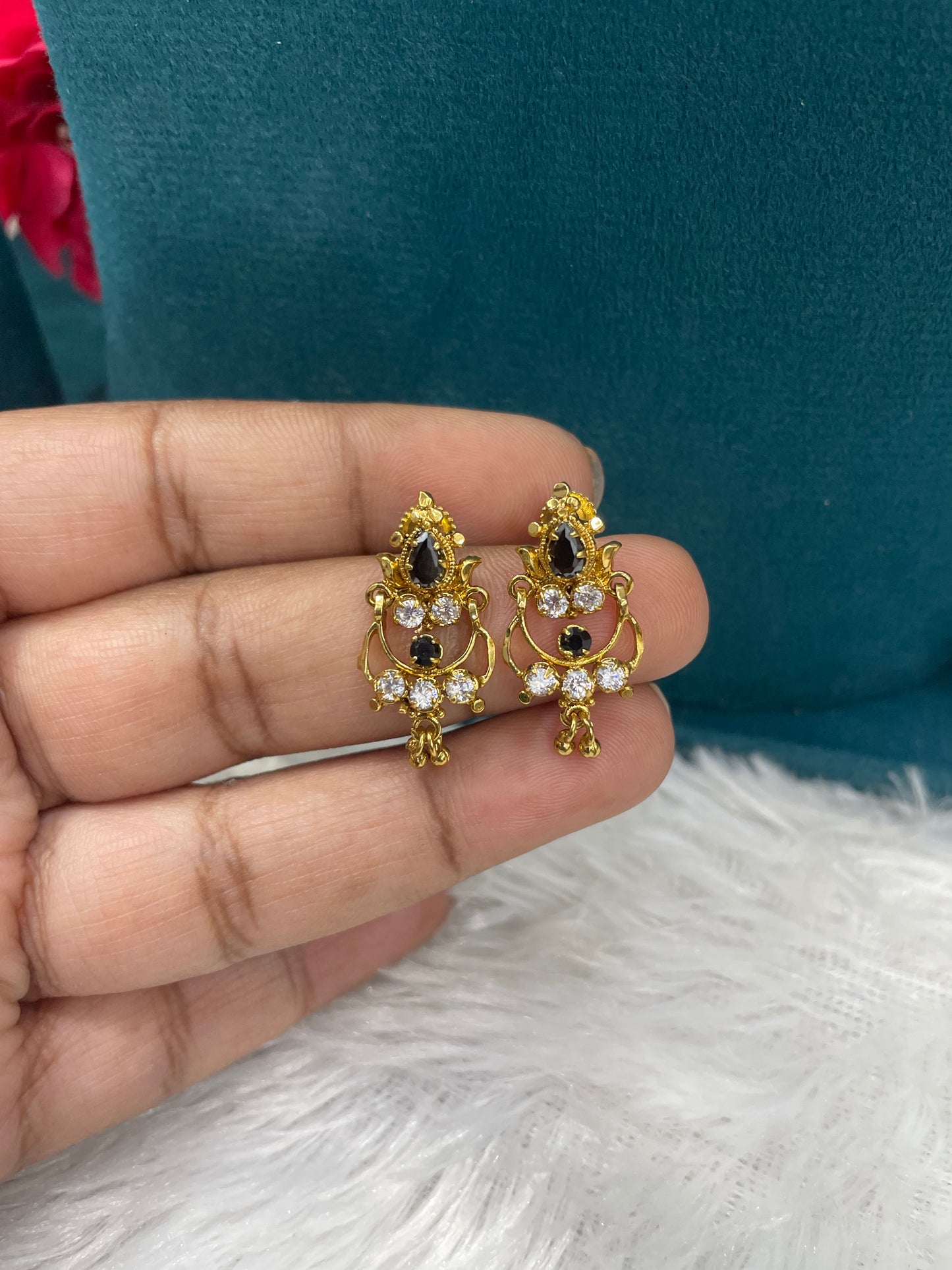 Gold Earrings with Black & White Stones-SHER305