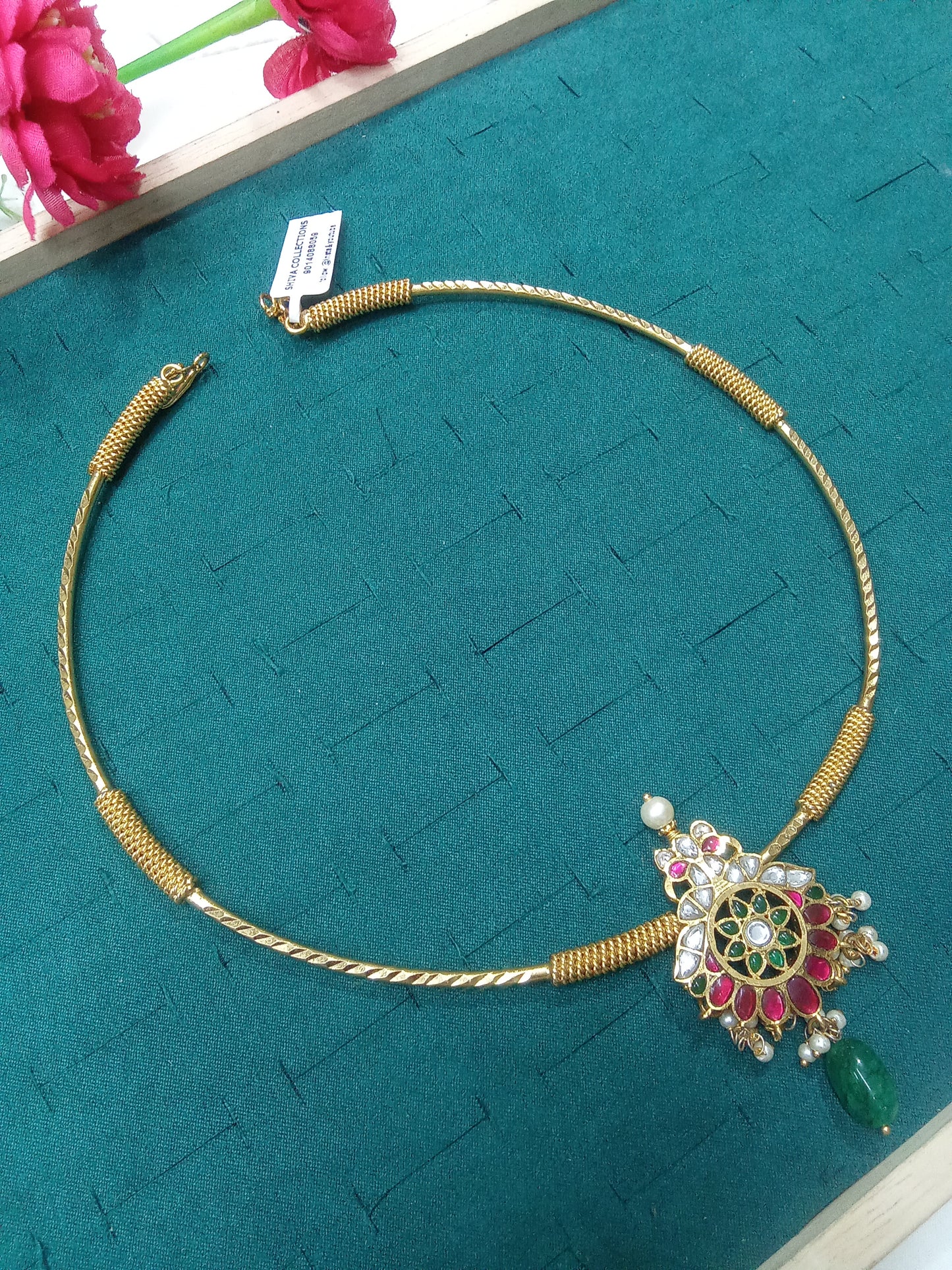 Pink-Green Jadau Kundan Pendant Choker Necklace-SHNC15