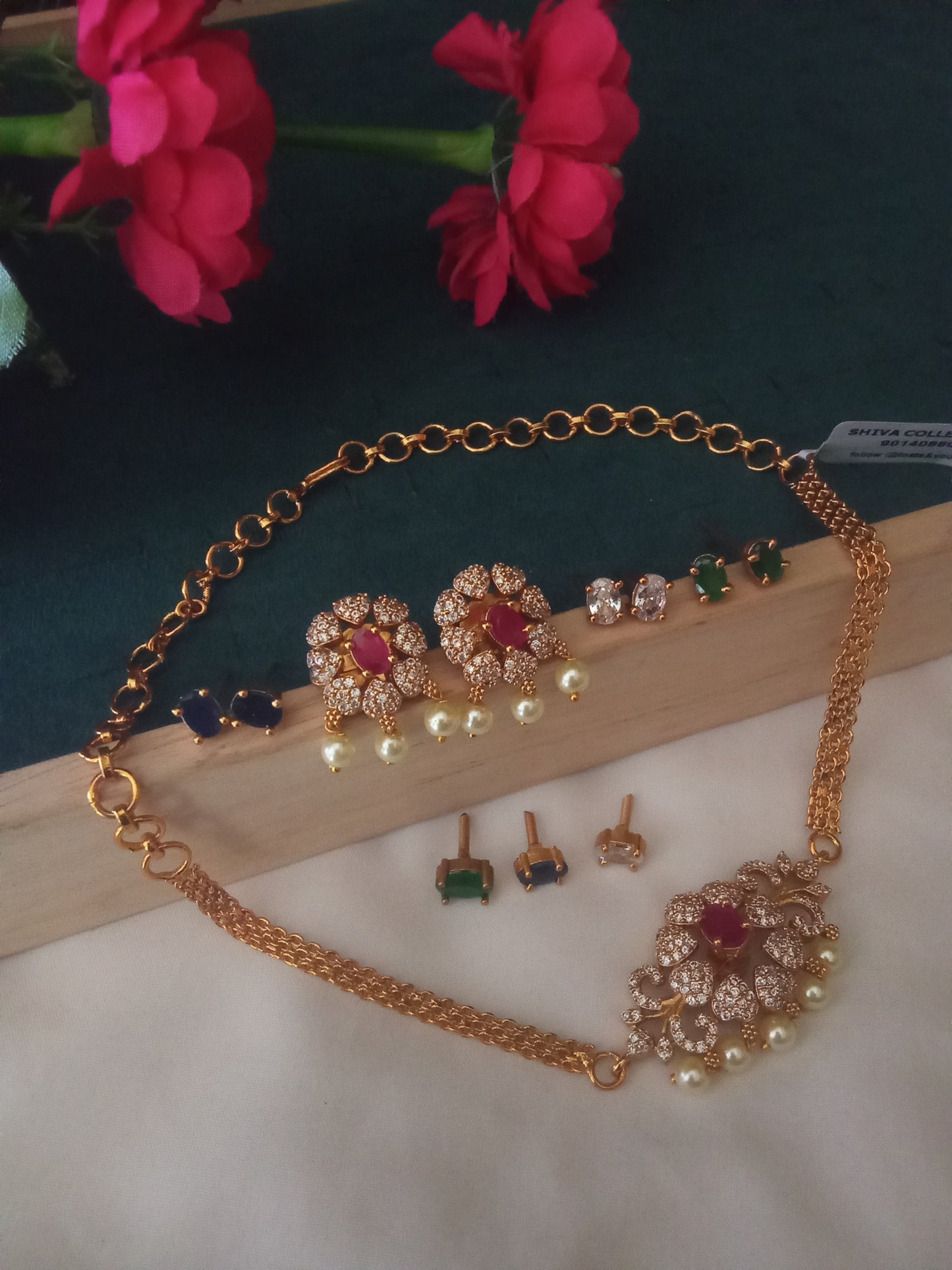 šø Floral AD Necklace with Pearl Drops & Stone Studs Set
-SHNC01
