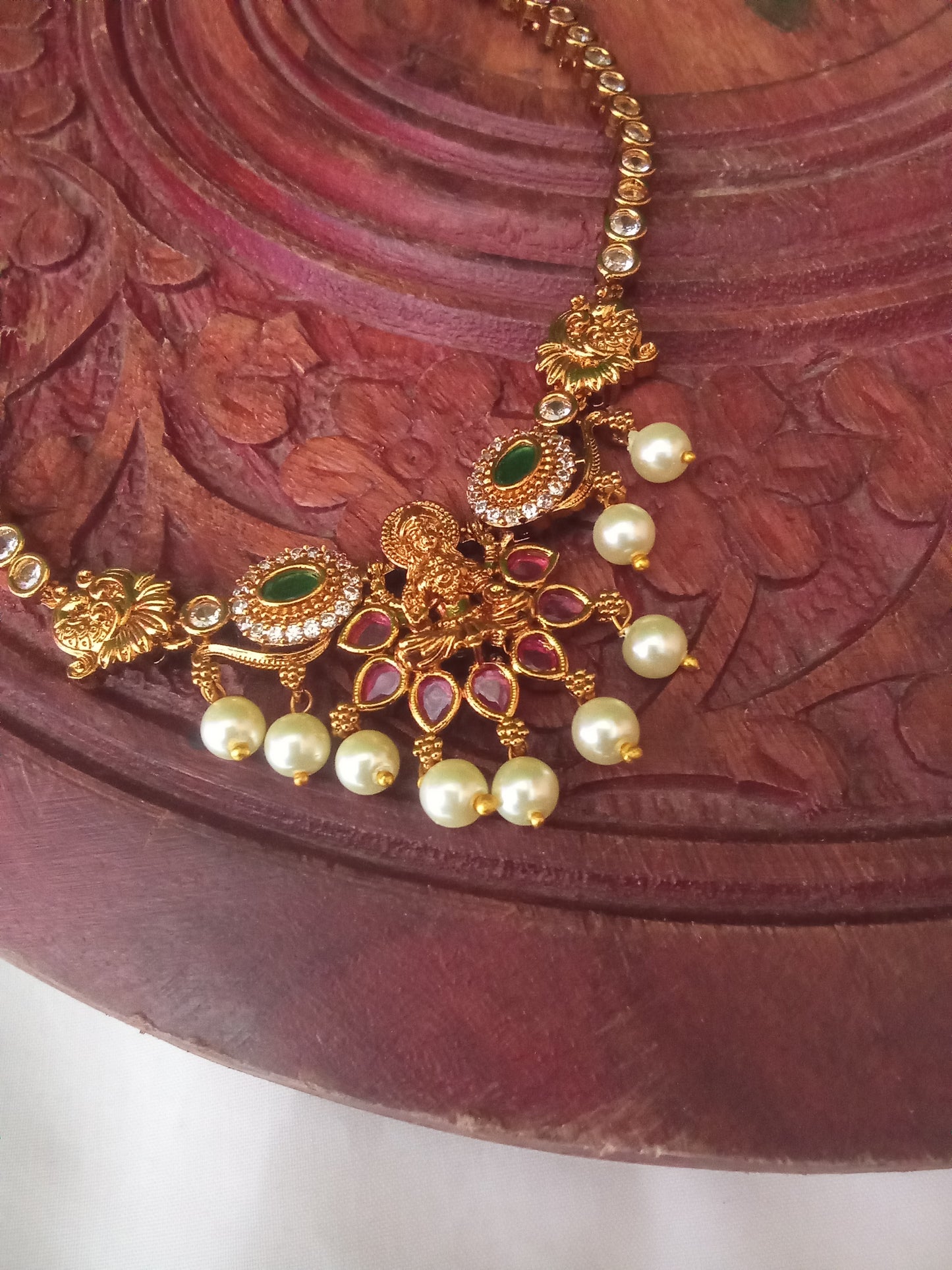 Lakshmi Temple Necklace with Pearl Drops-SHNC08