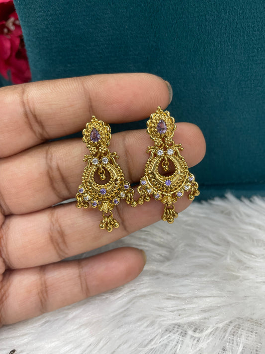 Antique Gold Designer Earrings with Purple Stones-SHER307
