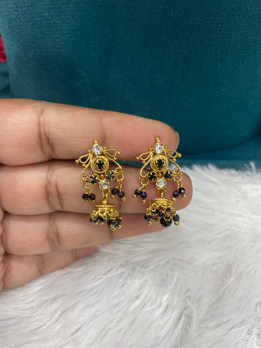 Gold Earrings with Black Stone & Hanging Beads-SHER309