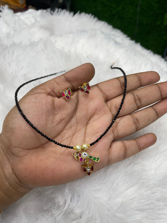 Elegant Black Beads Mangalsutra with Earrings Jadau stone-SHOC19