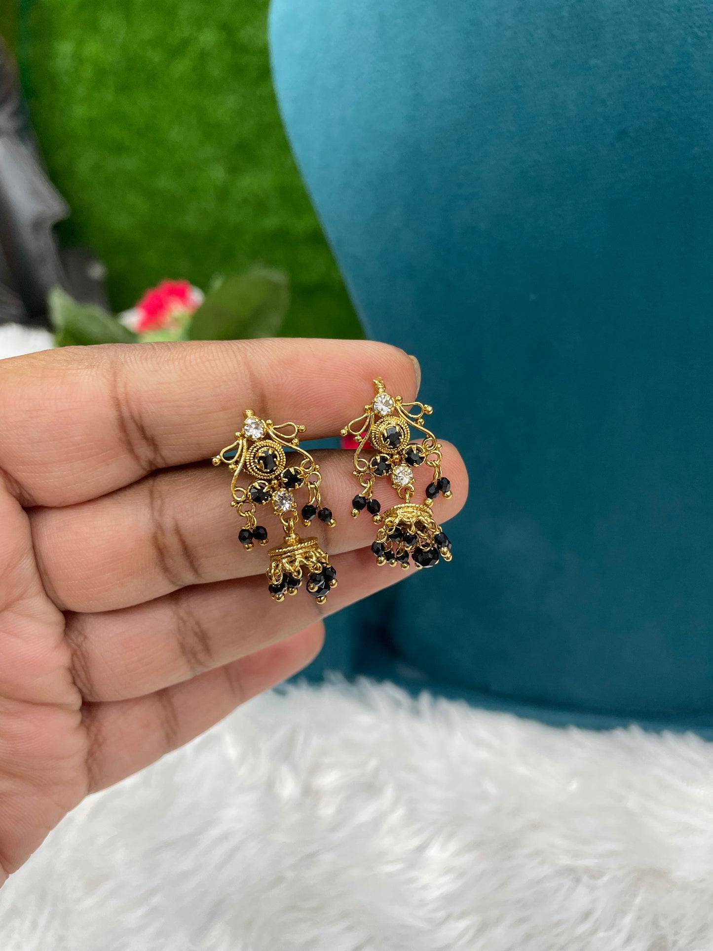 Gold Earrings with Black Stone & Hanging Beads-SHER309