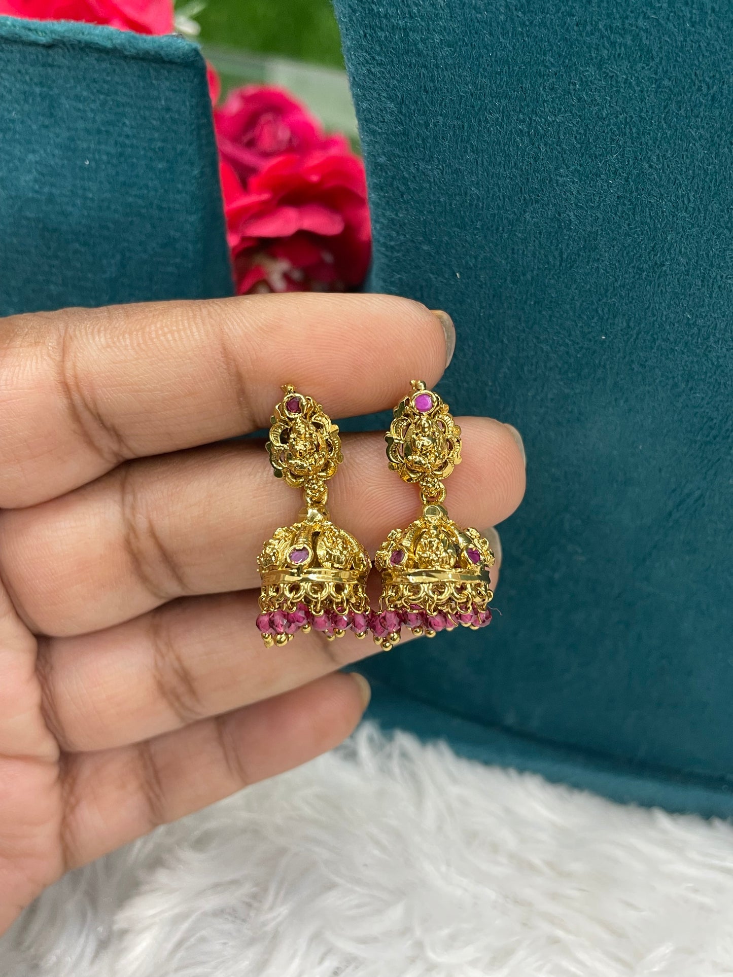 Antique Gold Jhumkas with Pink Beads-SHER304