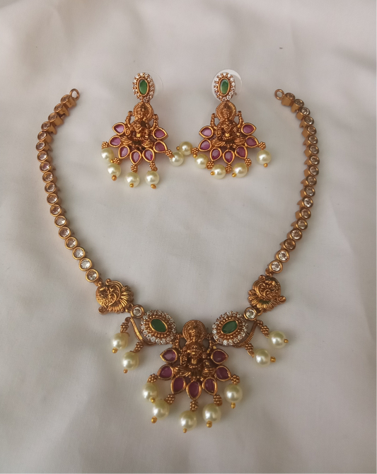 Lakshmi Temple Necklace with Pearl Drops-SHNC08