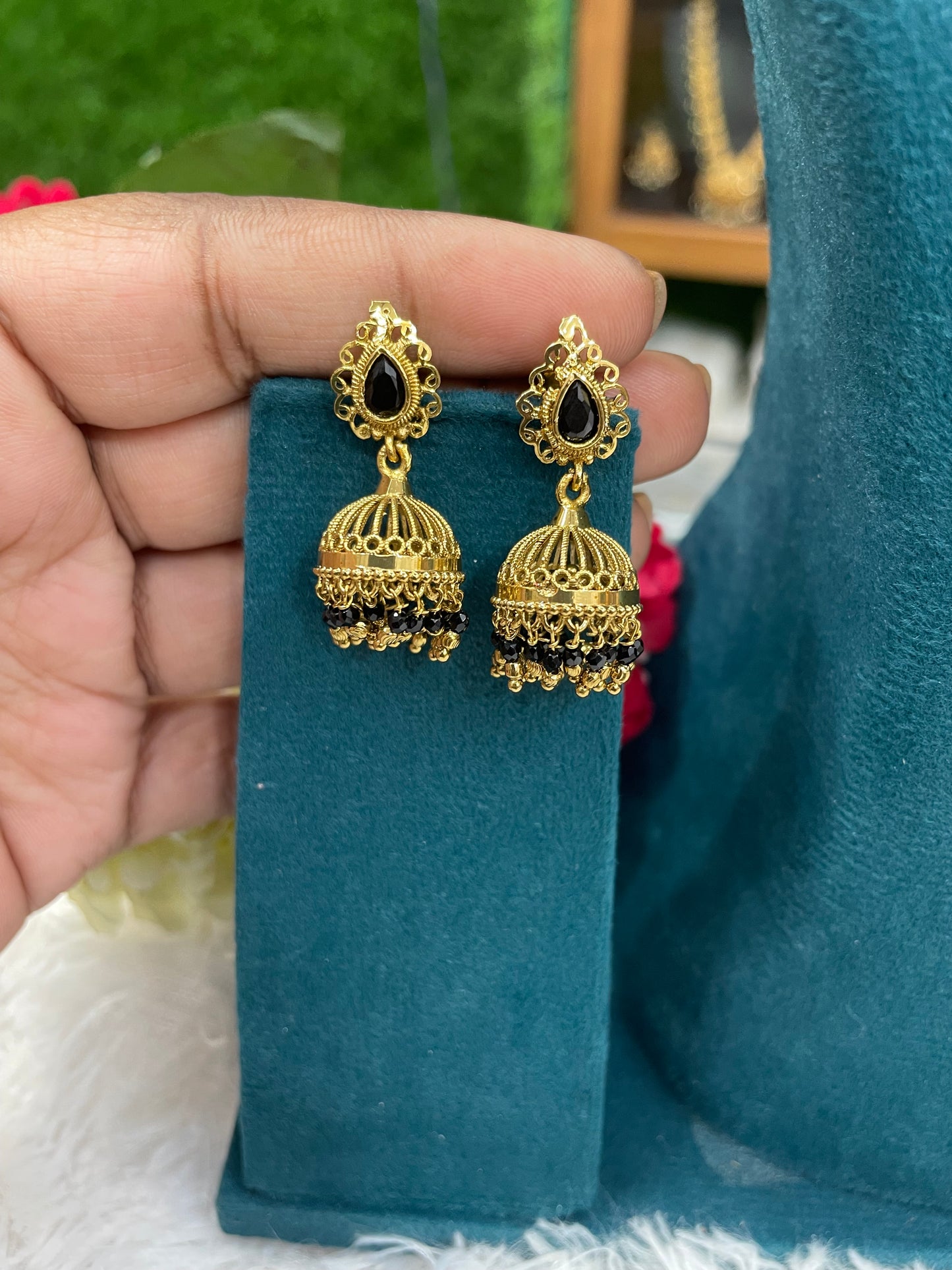 Black Beaded Gold Jhumkas-SHER308