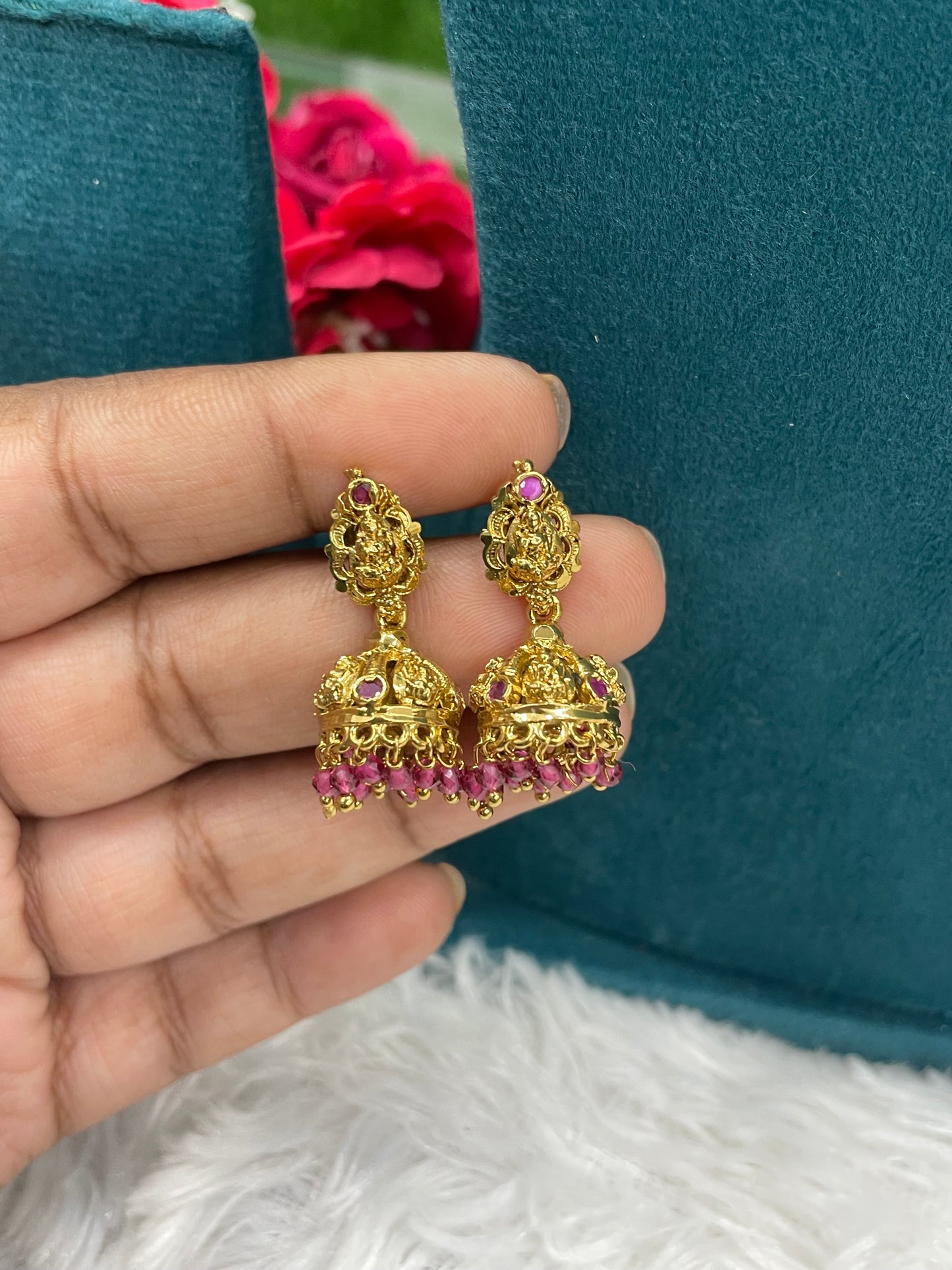 Antique Gold Jhumkas with Pink Beads-SHER304