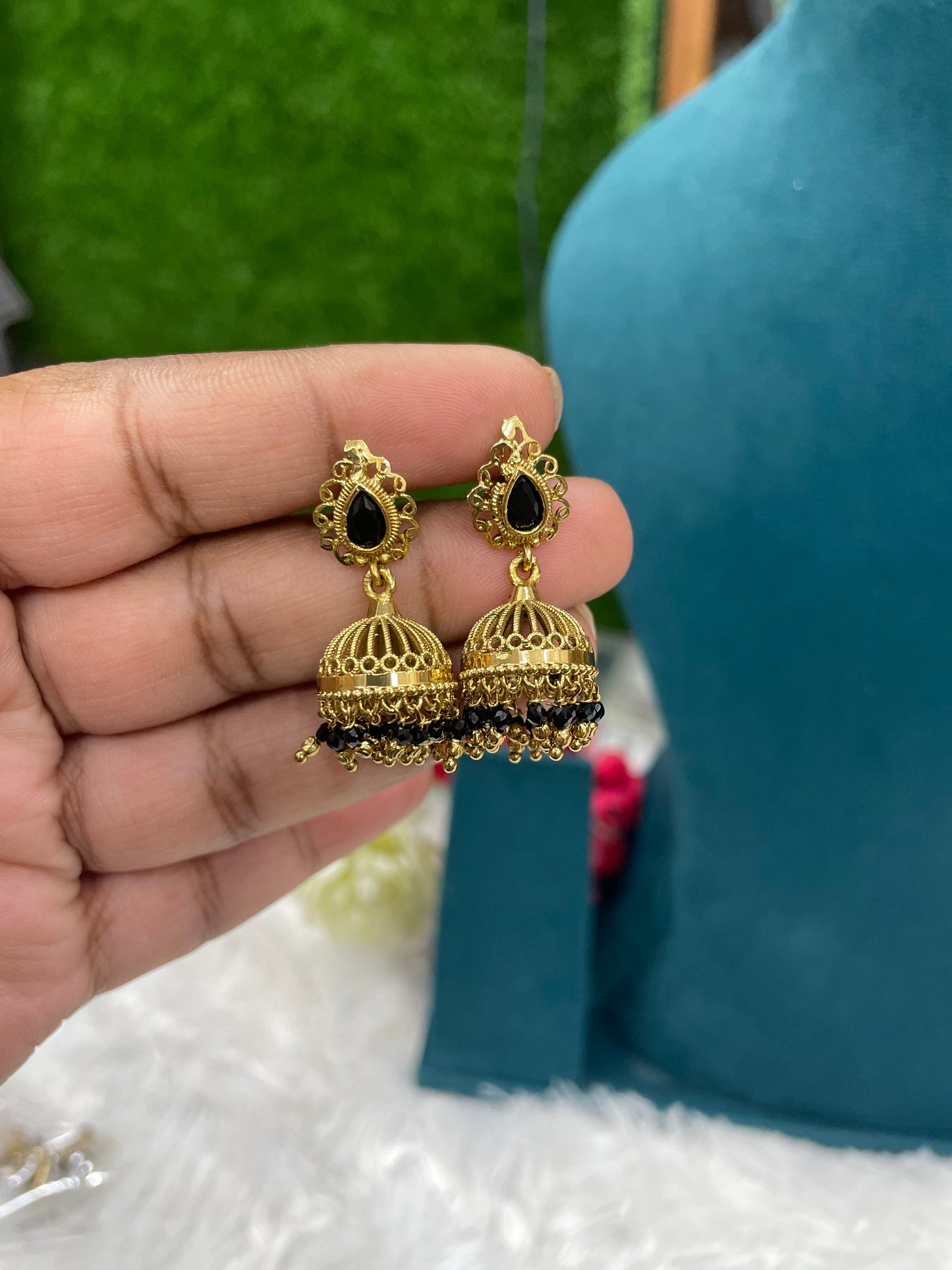 Black Beaded Gold Jhumkas-SHER308