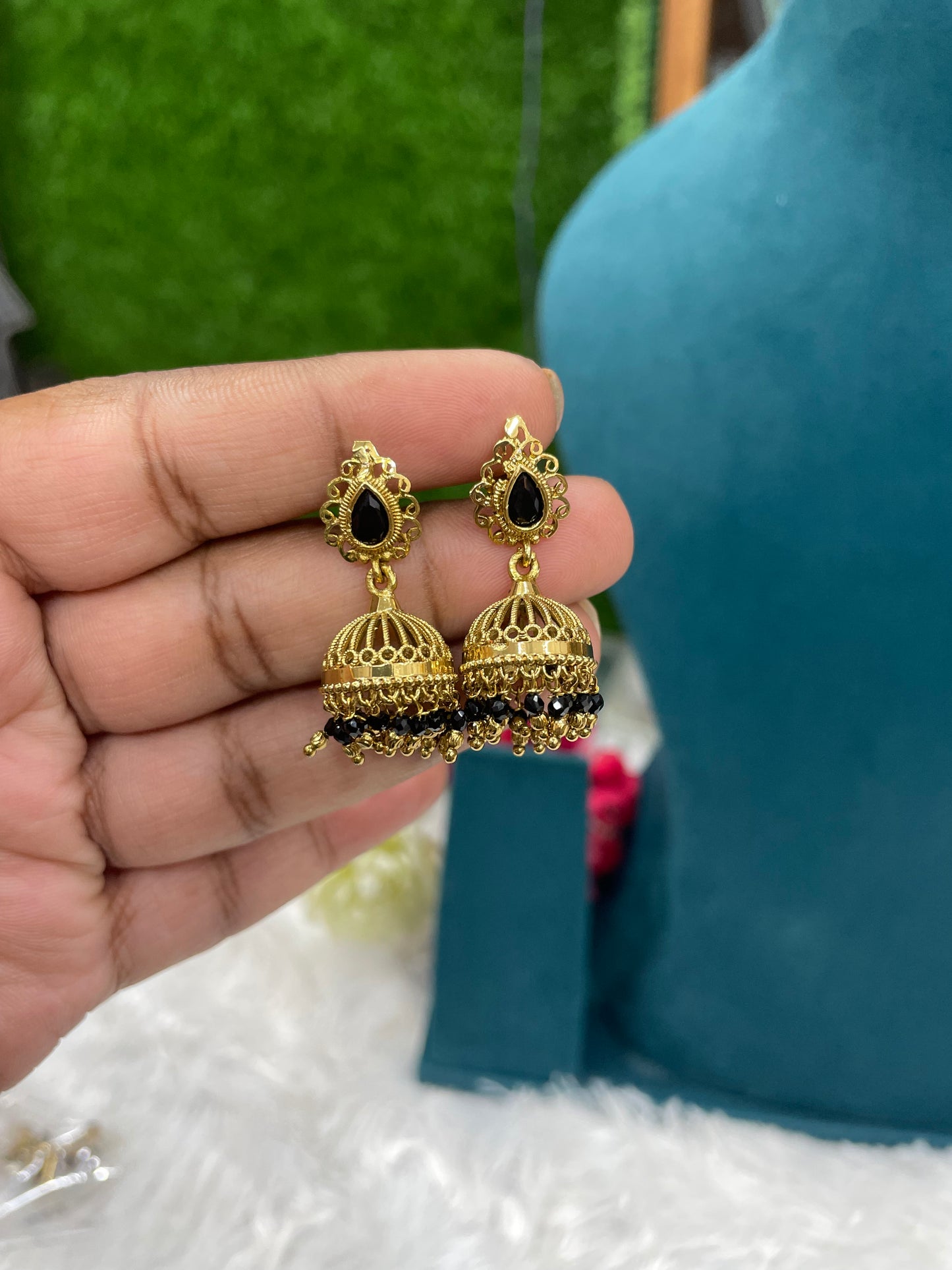 Black Beaded Gold Jhumkas-SHER308