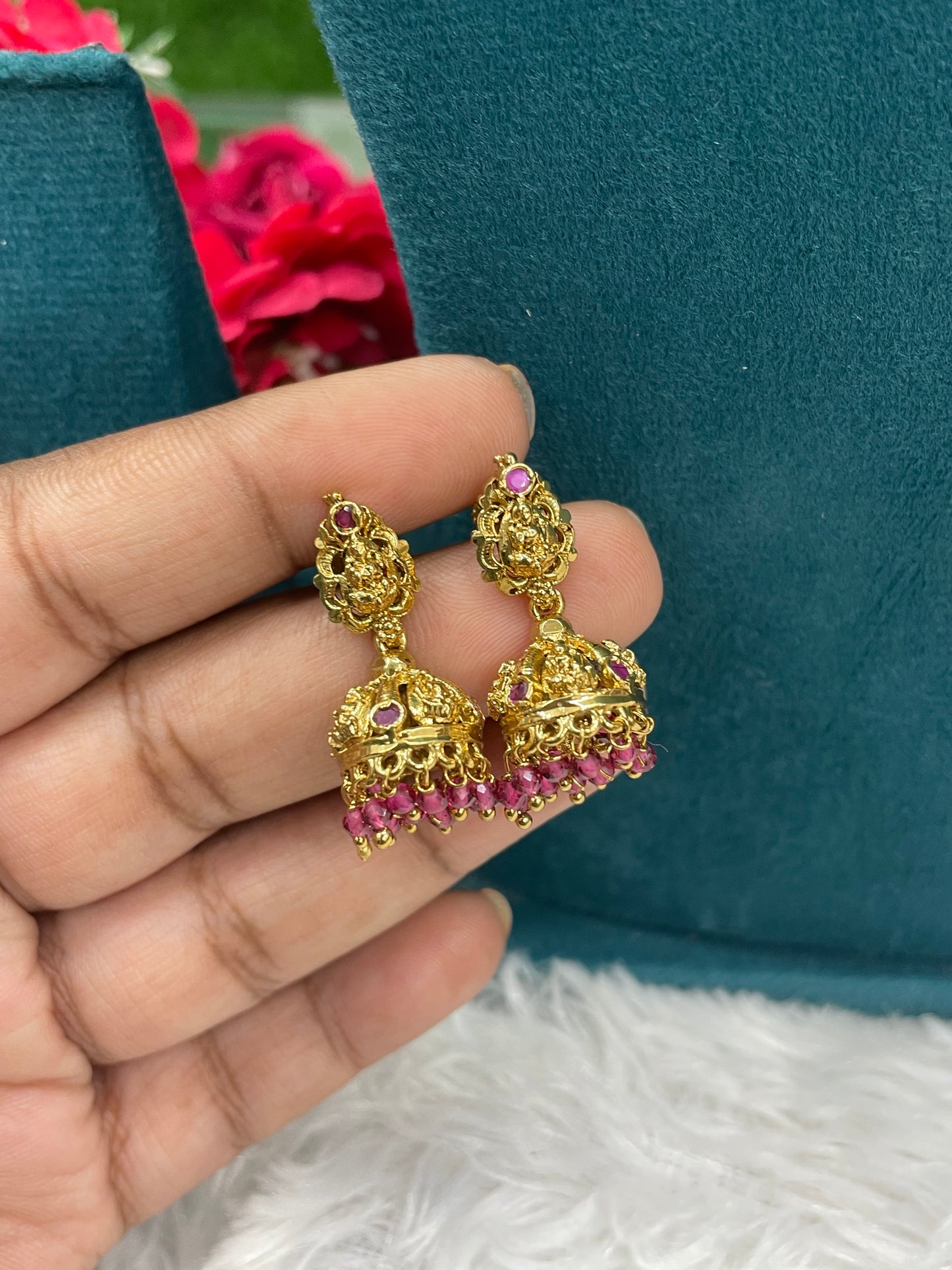 Antique Gold Jhumkas with Pink Beads-SHER304