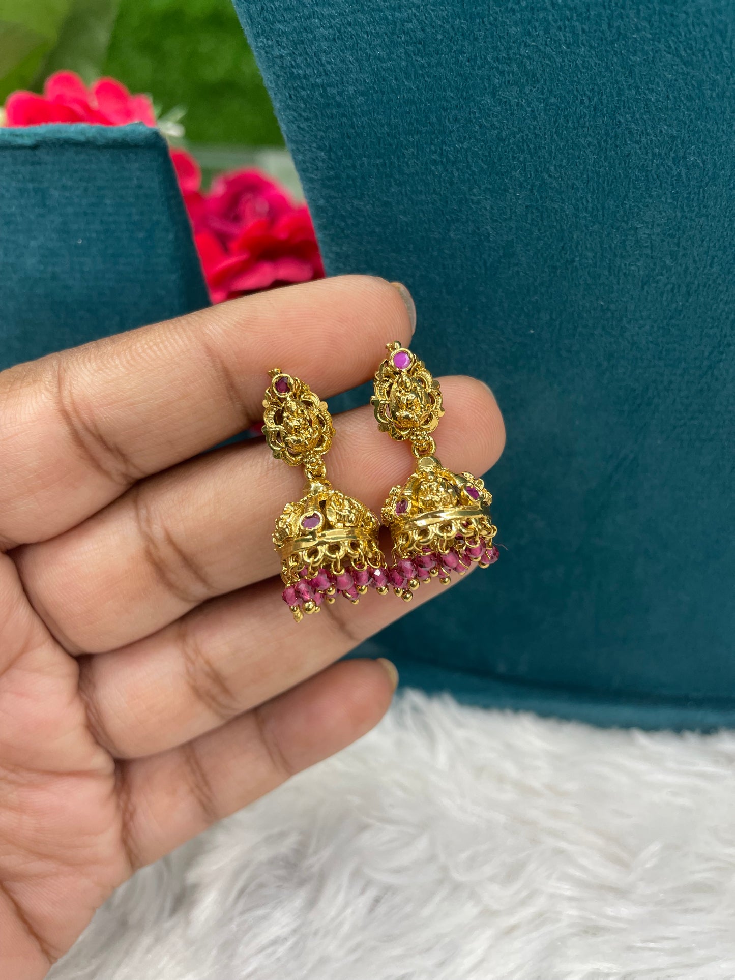 Antique Gold Jhumkas with Pink Beads-SHER304