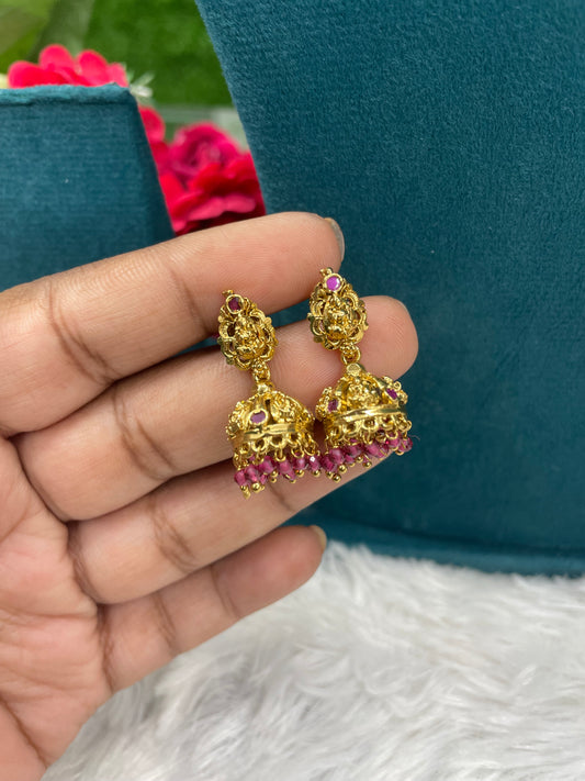 Antique Gold Jhumkas with Pink Beads-SHER304