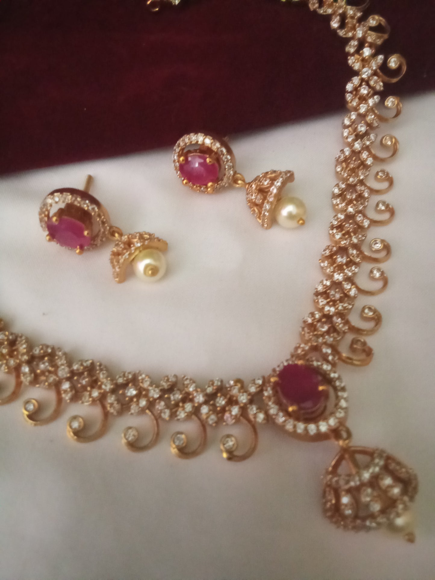 Ruby Stone CZ Necklace Set with Pearl Drop – Lightweight Gold Plated Finish-SHNC03