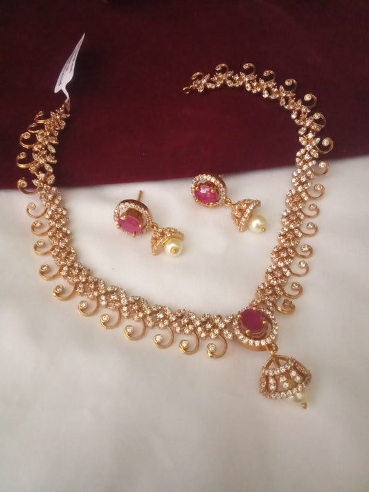 Ruby Stone CZ Necklace Set with Pearl Drop – Lightweight Gold Plated Finish-SHNC03