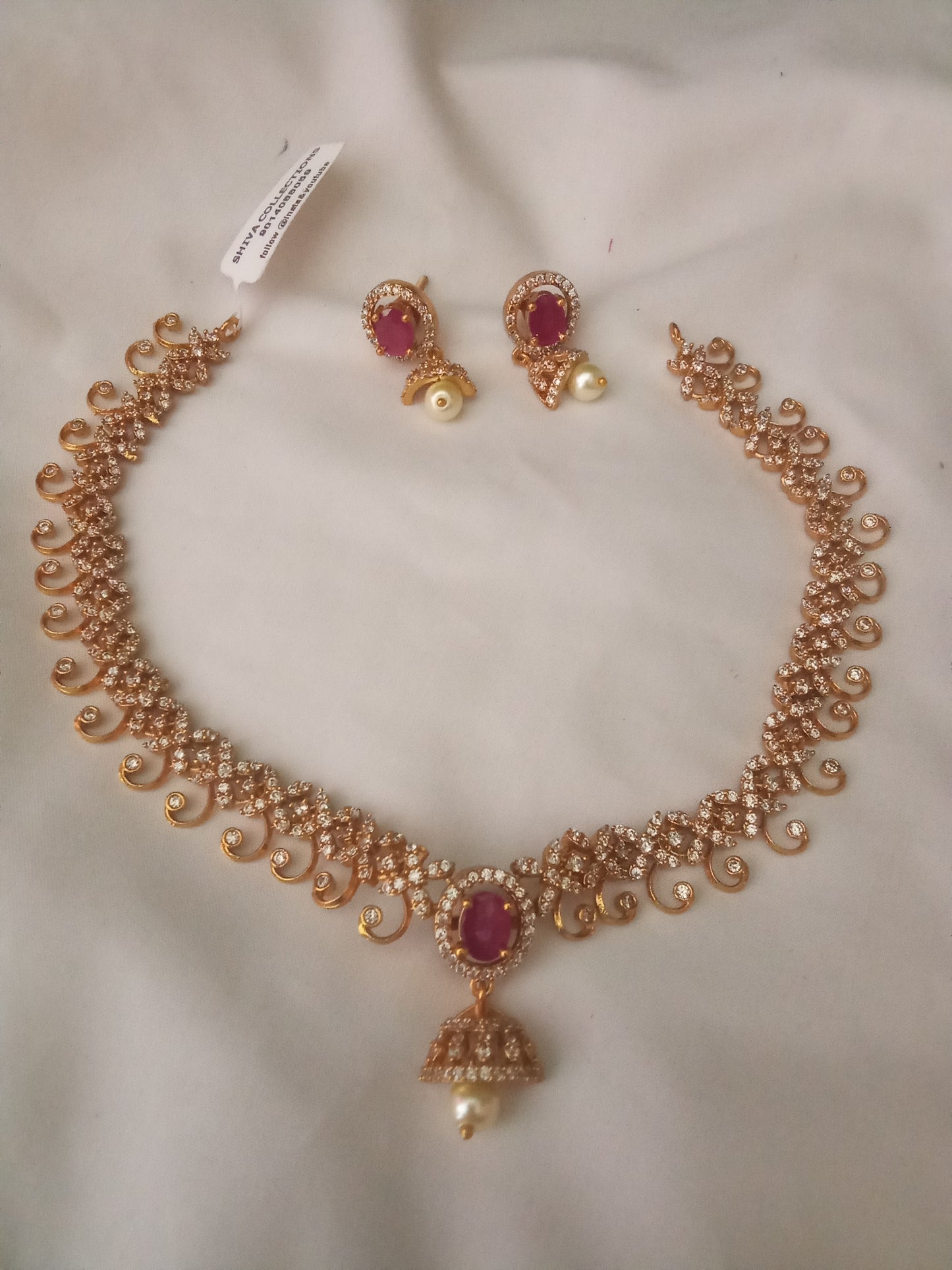 Ruby Stone CZ Necklace Set with Pearl Drop – Lightweight Gold Plated Finish-SHNC03