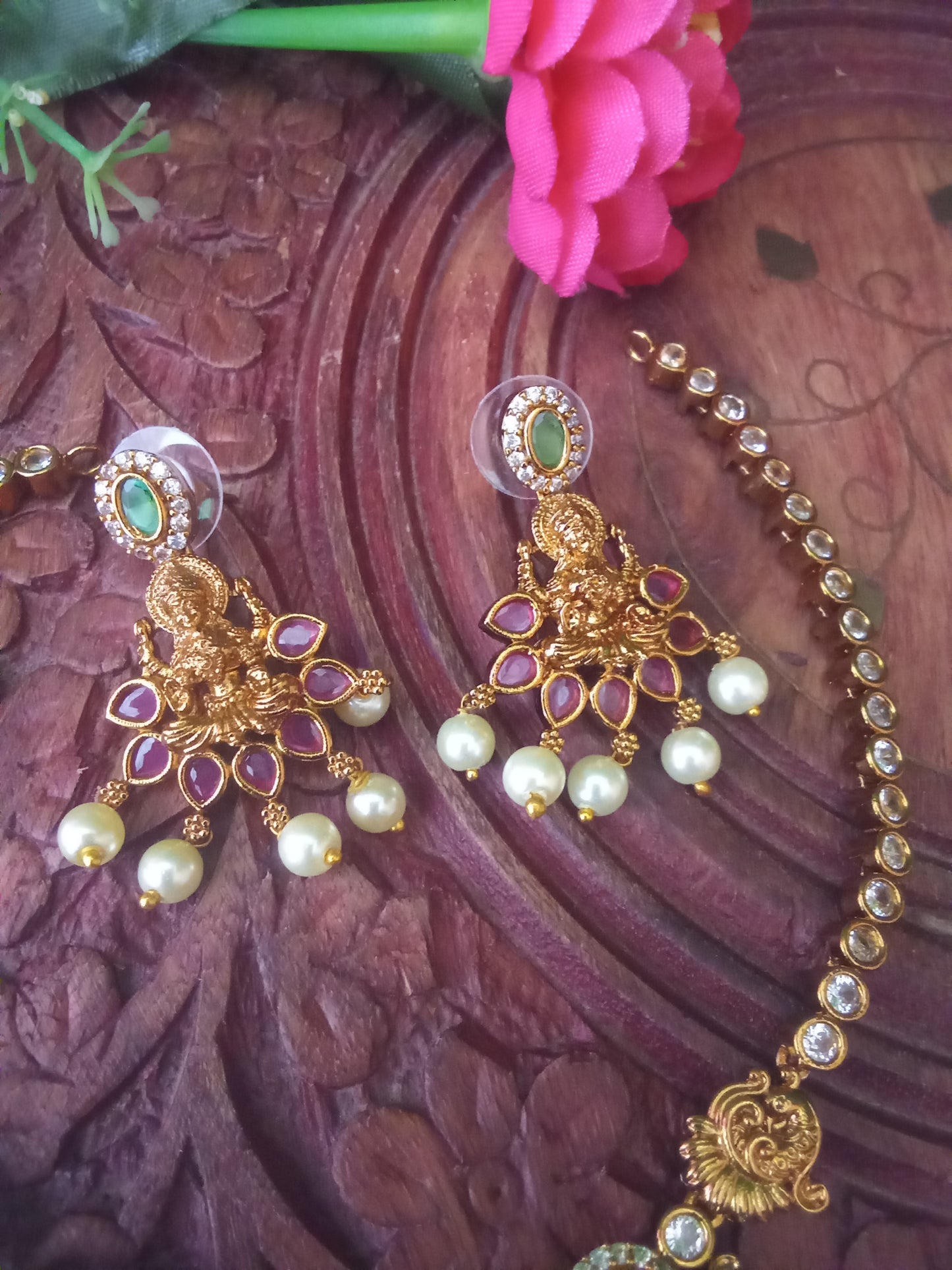 Lakshmi Temple Necklace with Pearl Drops-SHNC08