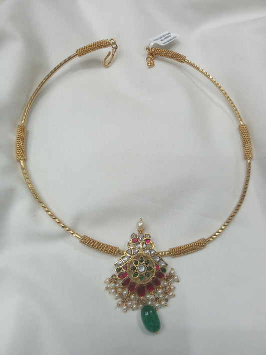Pink-Green Jadau Kundan Pendant Choker Necklace-SHNC15