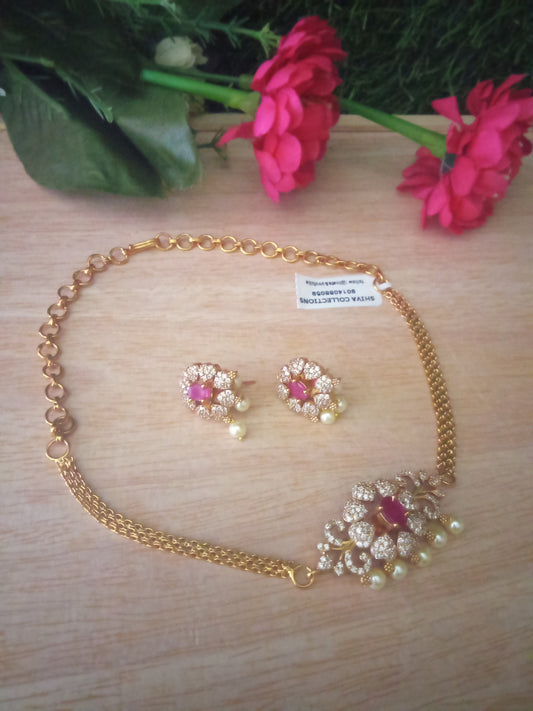 🌸 Floral AD Necklace with Pearl Drops & Stone Studs Set
-SHNC01