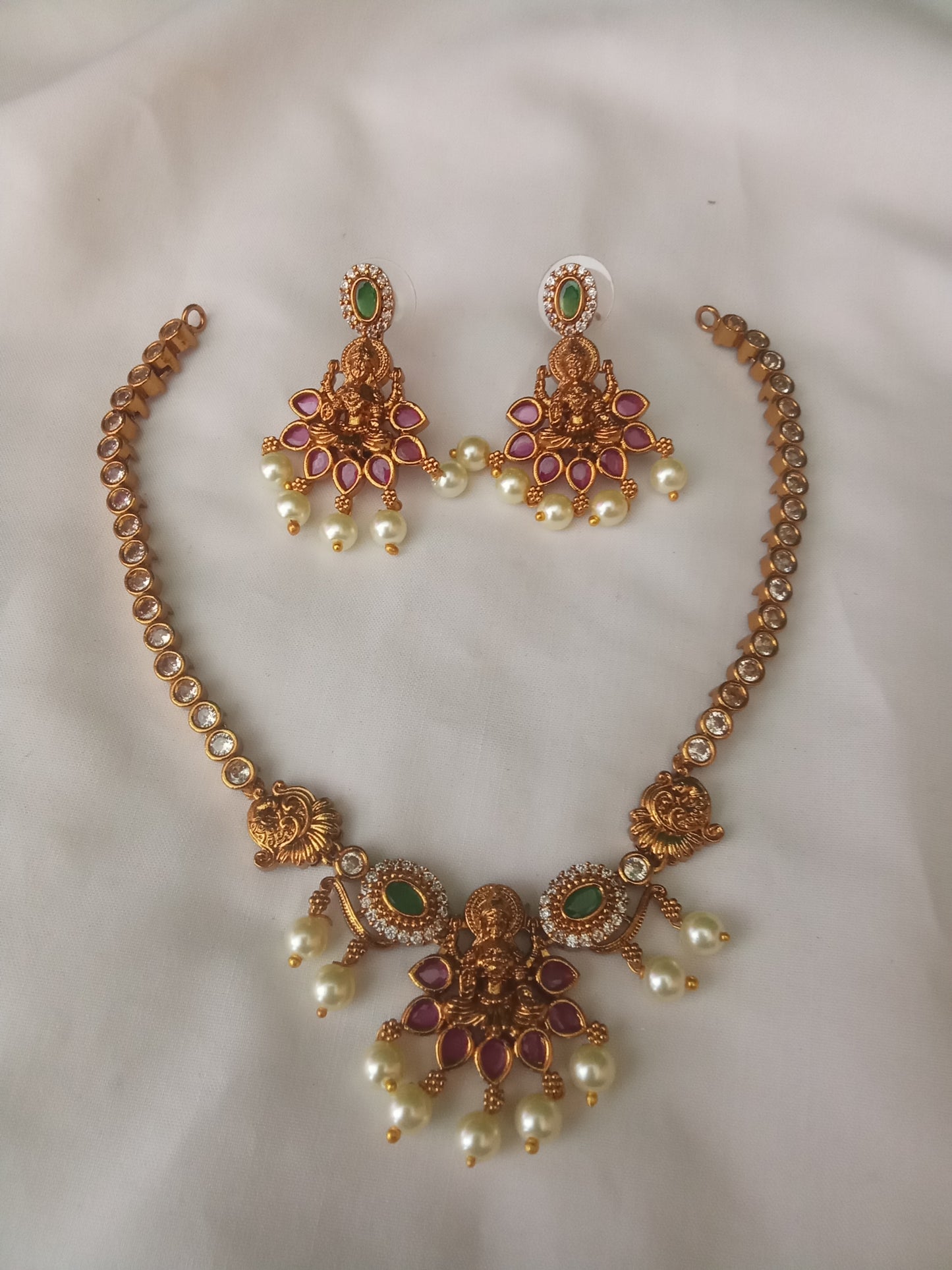 Lakshmi Temple Necklace with Pearl Drops-SHNC08